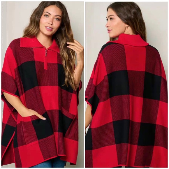 Trend Setter Diva Boutique Sweaters - Red & Black plaid Poncho Sweater